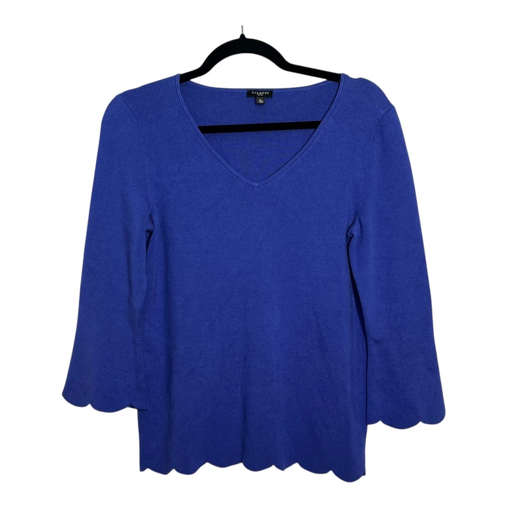 Talbots Royal Blue Scalloped Hem Bell Sleeve V-Neck Sweater Womens Medium Petite
